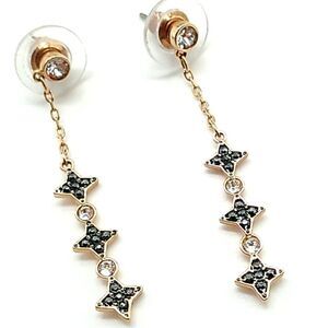 Swarovski Post Drop Earrings Dainty Gold Chains Bezel Pave Black & Clear Crystal